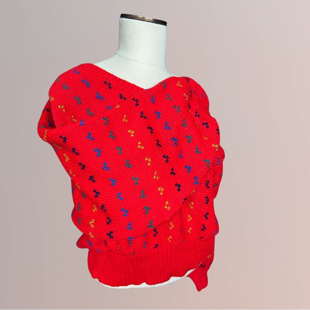 VINTAGE 80s Red Knit Dolman Sweater - Picture 3 of 5